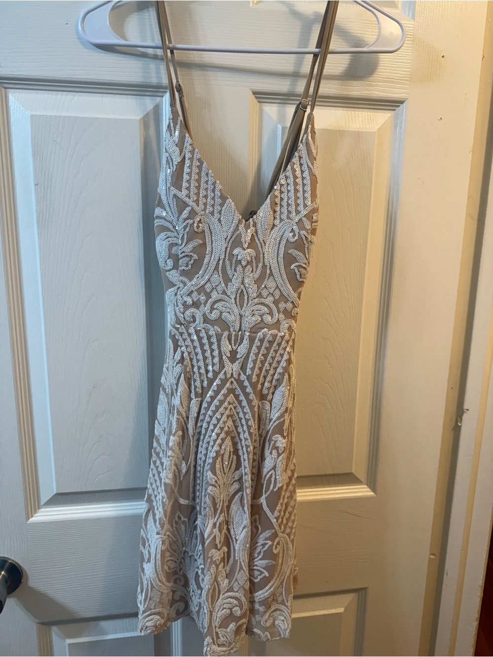 Windsor Beige Lace A-Line Dress with White Embroidery
